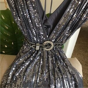 Sky Shimmering Silver Sequin Dress with Crystal Accent